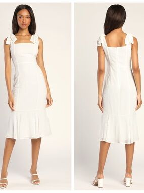 Lulus Bimini White Swiss Dot Tie-Strap Midi Dress 🤍🌿